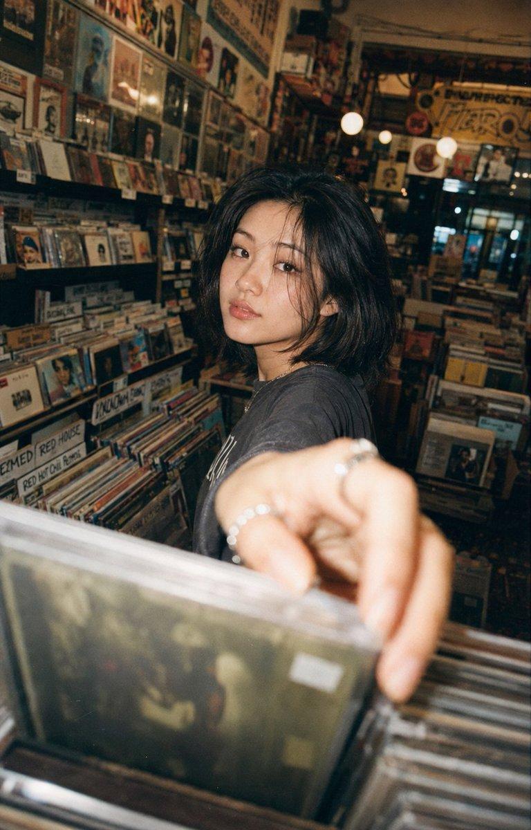 プロンプトのプレビュー: ヴィンテージレコード店でのライフスタイルポートレート