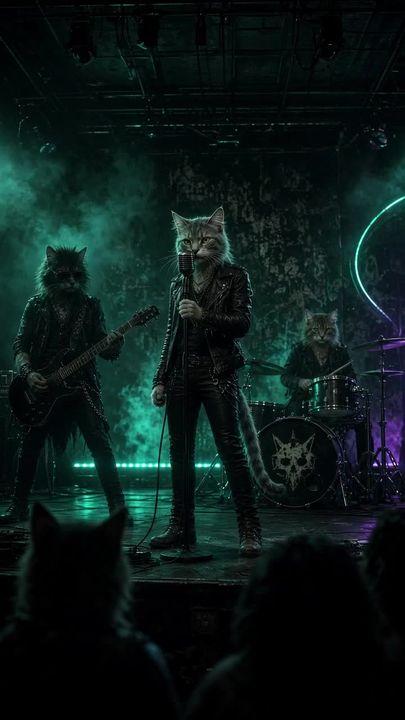 Prompt preview: Generate a continuous video of anthropomorphic rocker cats performing a live song in English. The mo…