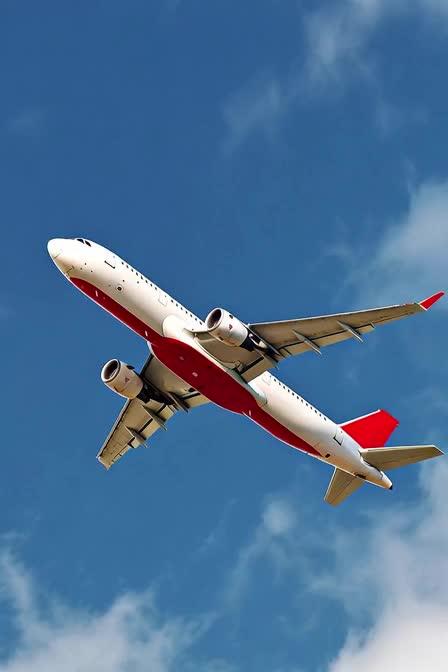 Prompt preview: The white and red airplane flies smoothly forward through the blue sky, banking slightly, with cloud…