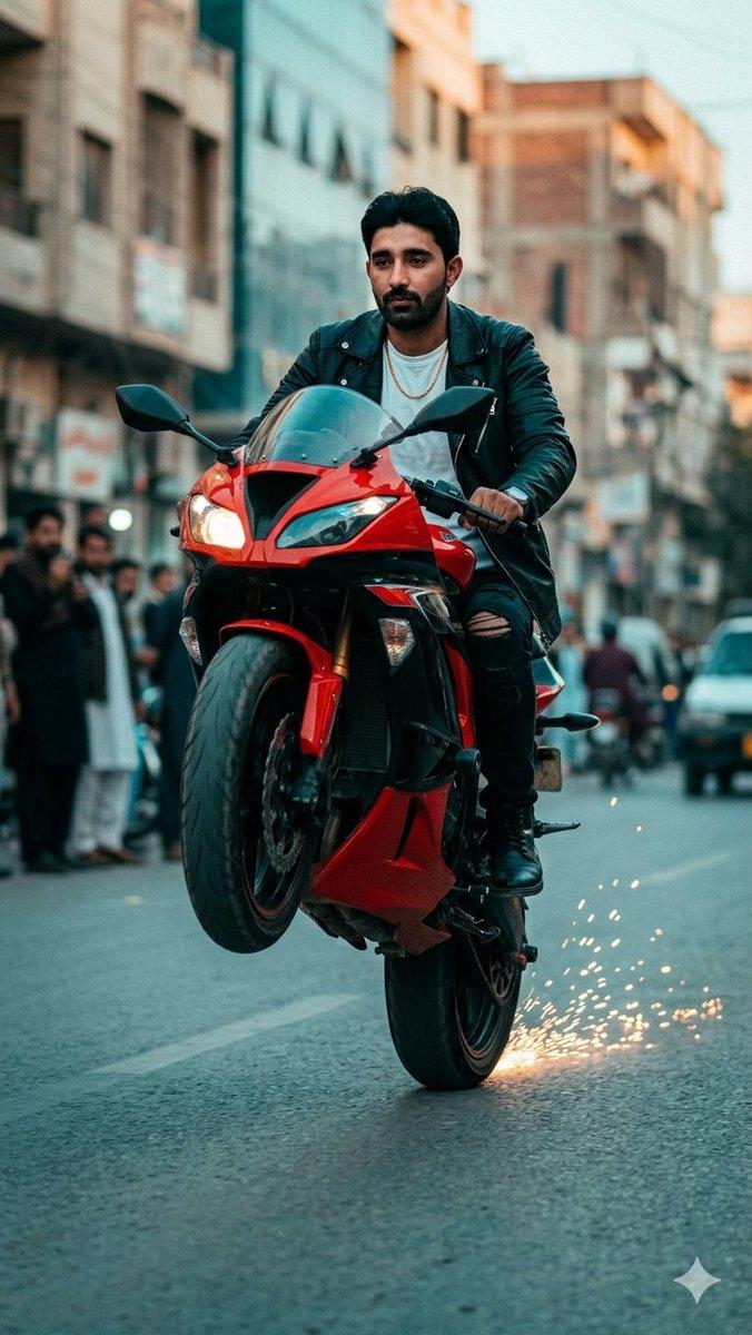 プロンプトのプレビュー: スポーツバイクのウィリー走行ストリートフォト