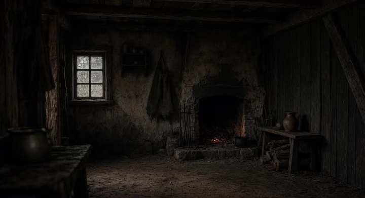 Prompt preview: Let’s start with a 1600s Robert Eggers the witch puritan homestead small house fire place