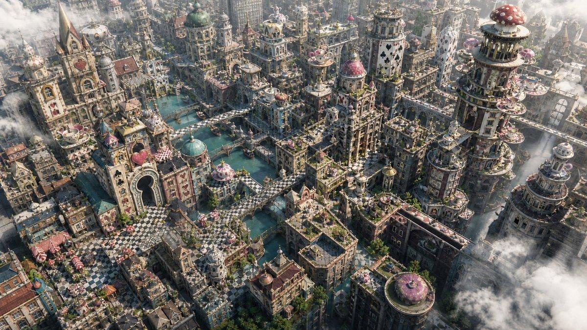 プロンプトのプレビュー: ファンタジーで幻想的なダウンタウンの俯瞰図