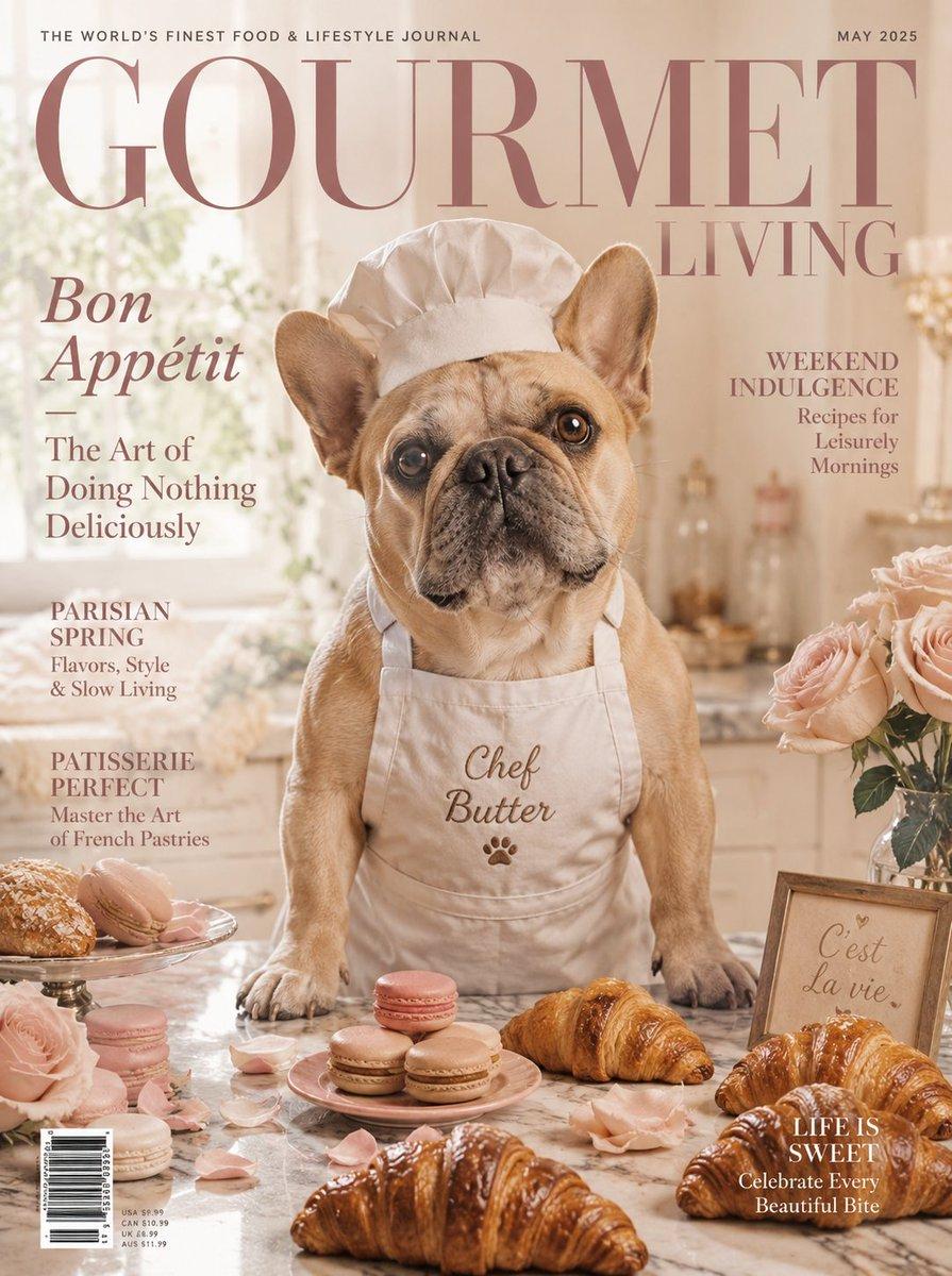 プロンプトのプレビュー: フレンチブルドッグのパティシエが飾る雑誌の表紙