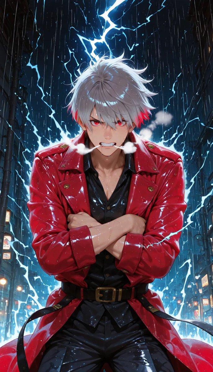 プロンプトのプレビュー: 雨の中の赤いコートを着たアニメ風剣士