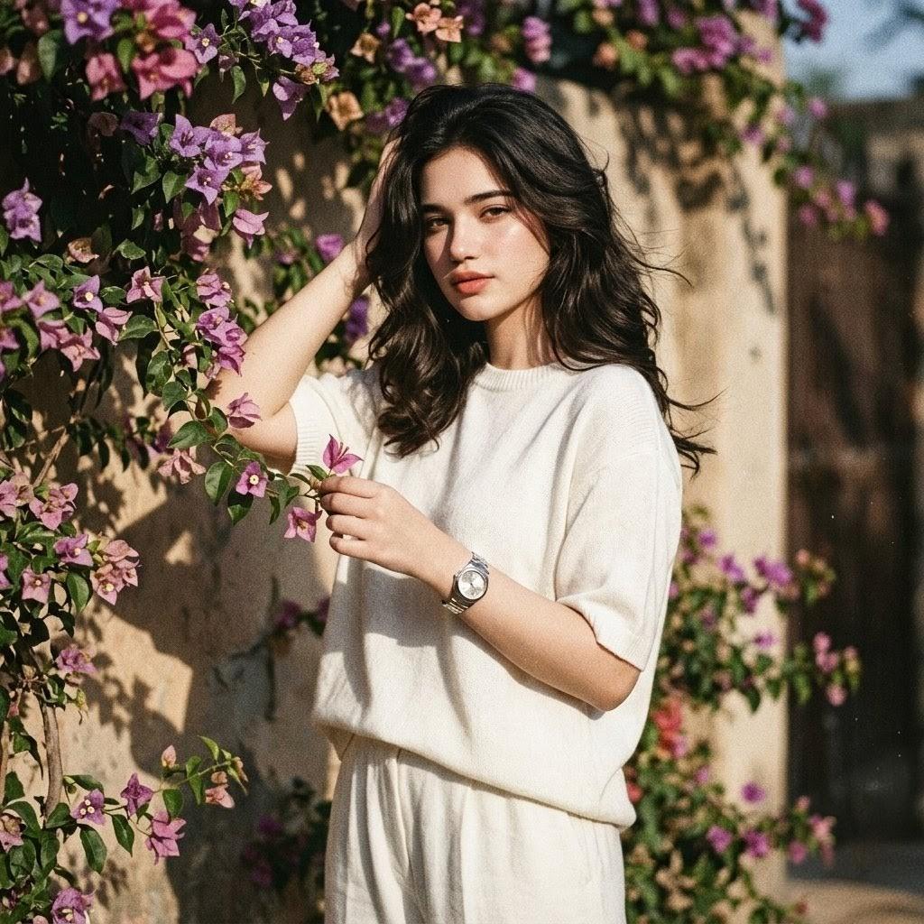 ตัวอย่างพรีวิวพรอมต์: หญิงสาวสไตล์เรโทรท่ามกลางเถาไม้ดอก