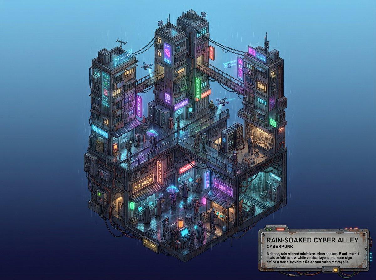 プロンプトのプレビュー: 幻想的なサイバーパンク路地裏ネットワーク
