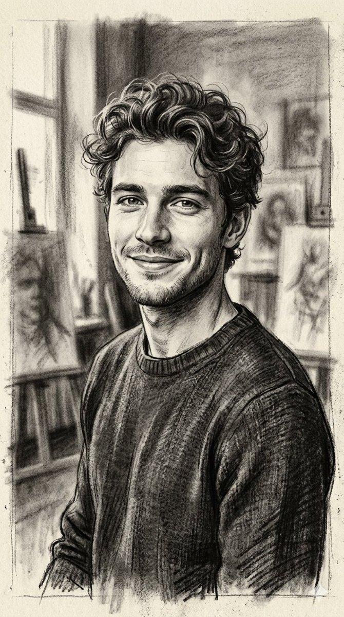 プロンプトのプレビュー: 手描きの木炭スケッチ風ポートレート