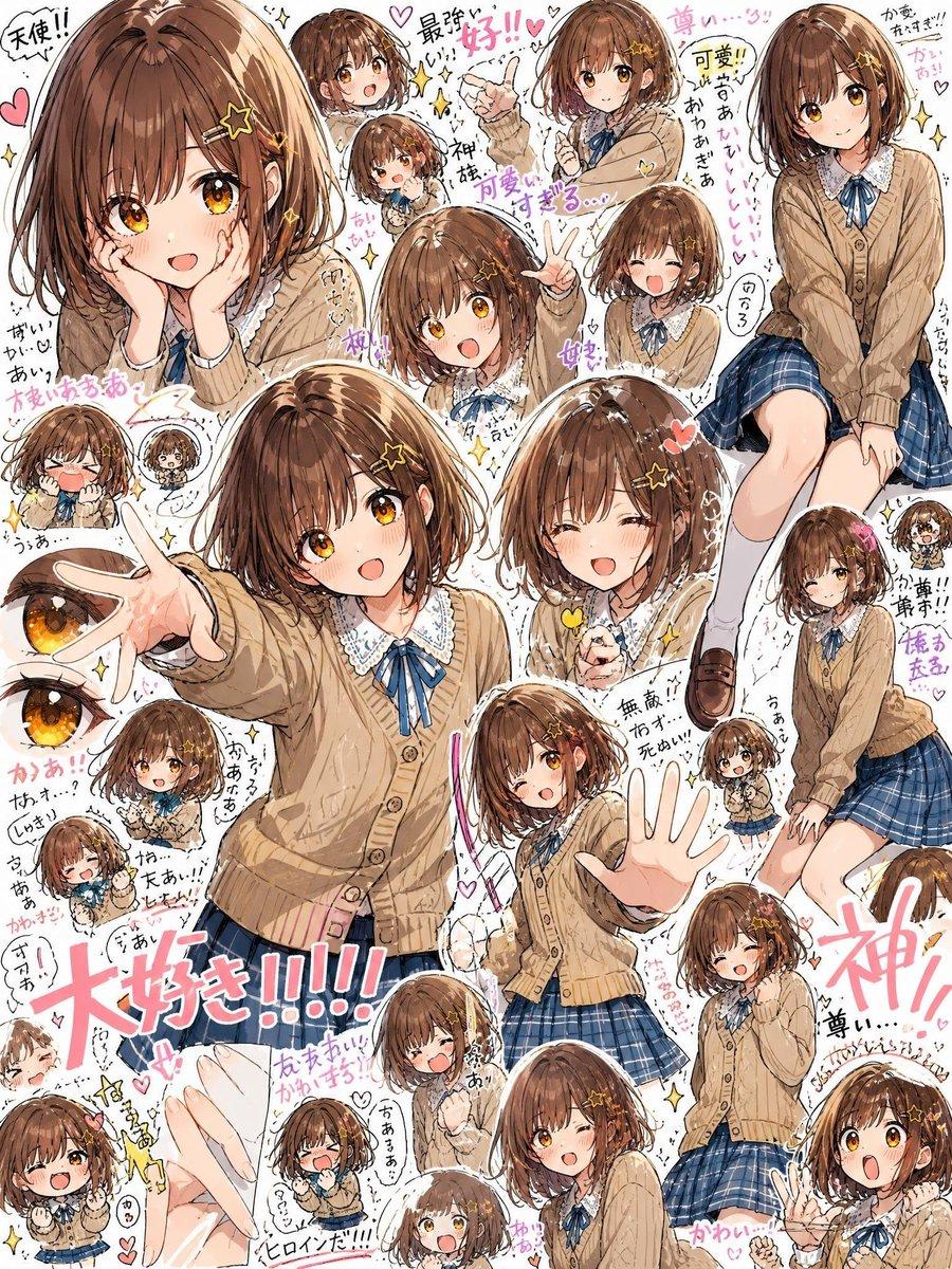 プロンプトのプレビュー: 高密度なアニメ風女子高生ファンコラージュ