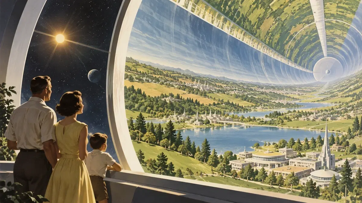 Arte GPT Image 2.5 de uma família com vista para uma cidade espacial retro-futurista exuberante.