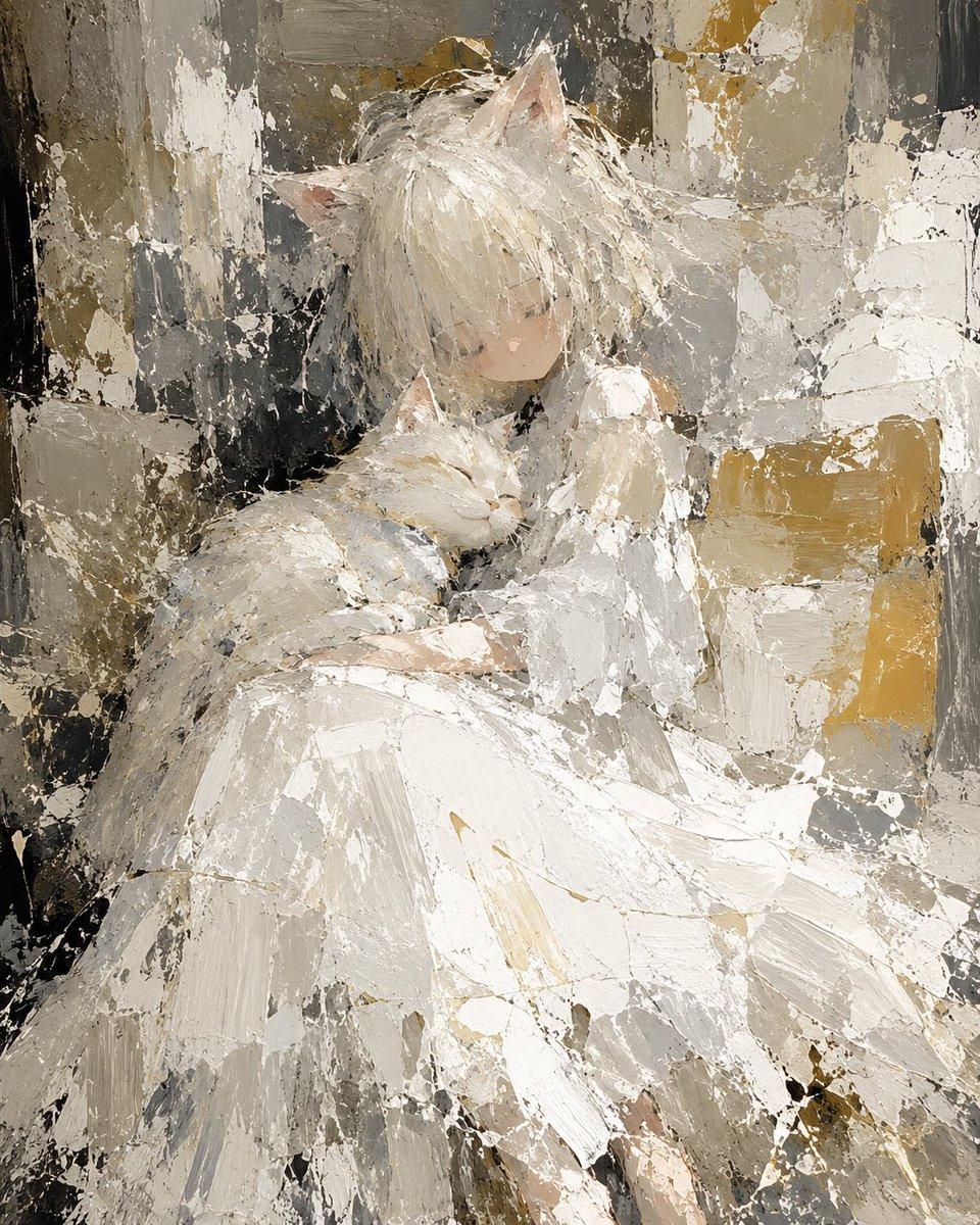 プロンプトのプレビュー: 抽象的な猫耳少女と優しい猫の絵画