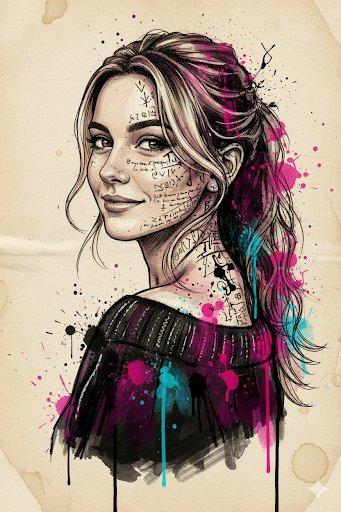 Promptforhåndsvisning: Mixed Media Portrait with Abstract Watercolor and Sketch