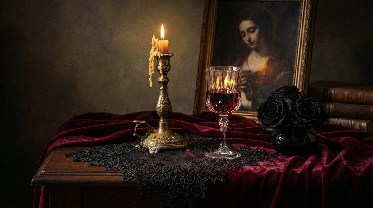 Promptforhåndsvisning: Dark Romantic Tabletop Composition Prompt