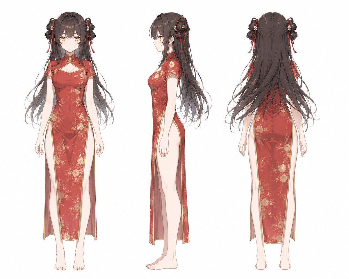 プロンプトのプレビュー: キャラクター三面図 添付したキャラクター画像をメインの参考画像として使用してください。 同じキャラクターを、以下の3方向から描いたキャラクター三面図を作成してください。 1.正面 2.横向き 3.背面…