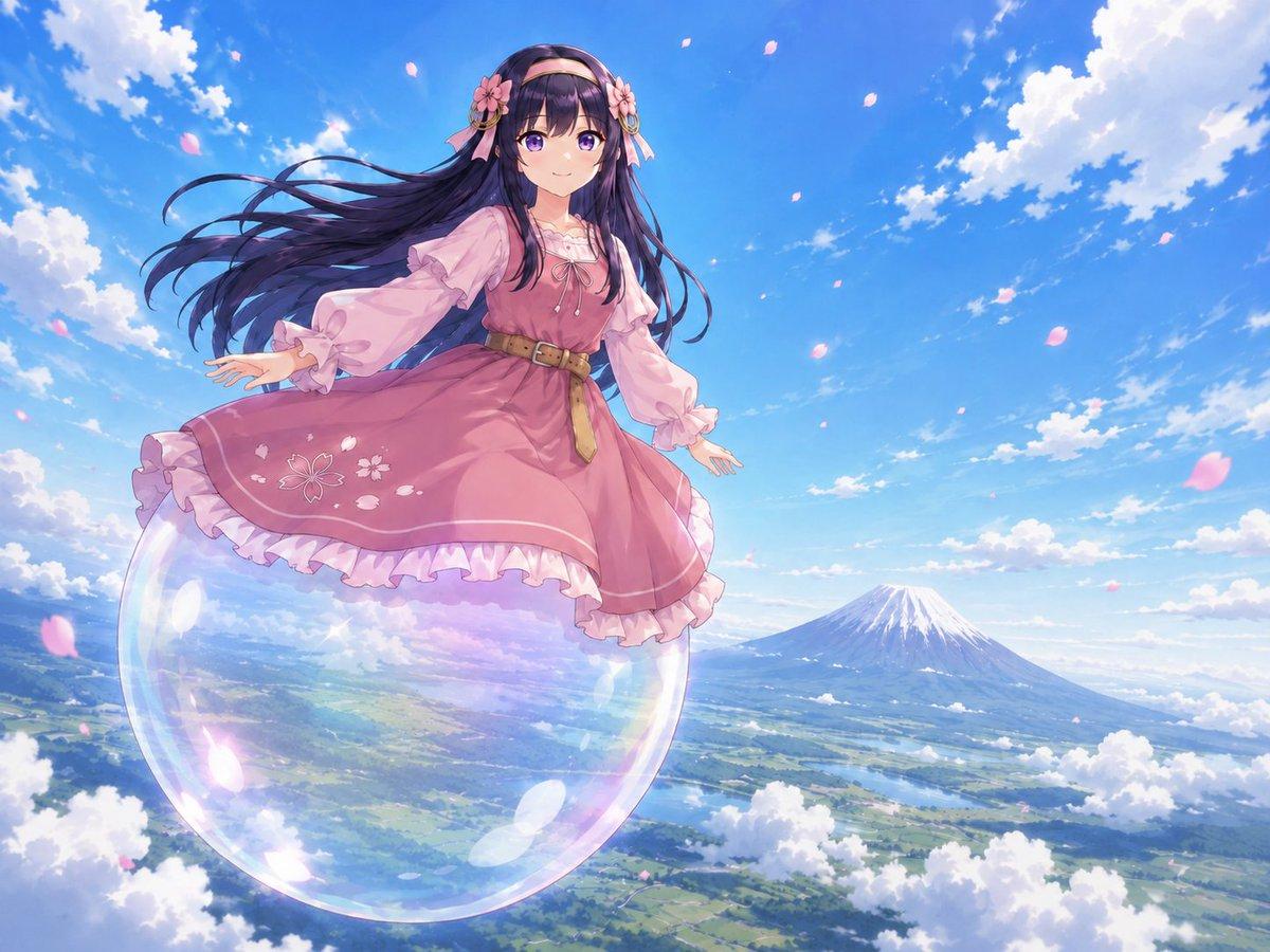 プロンプトのプレビュー: ニセコの上空を浮遊するアニメ風の少女
