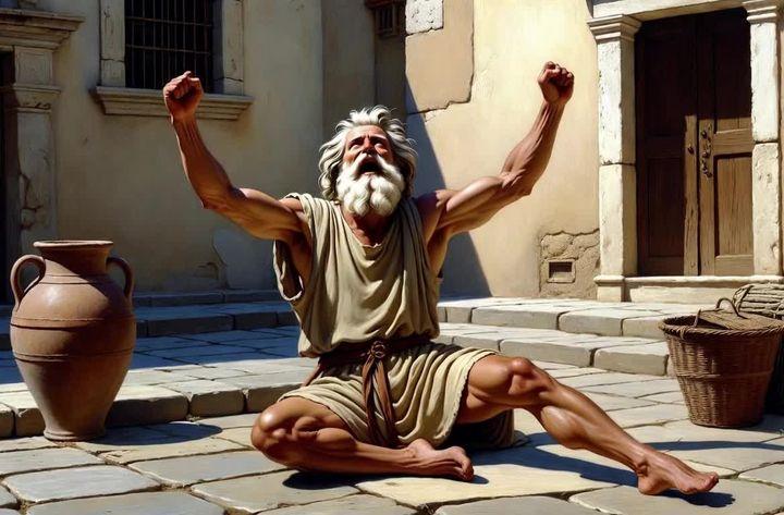 Prompt preview: Diogenes celebrating from a seated position in the street, in the style of a classical painting