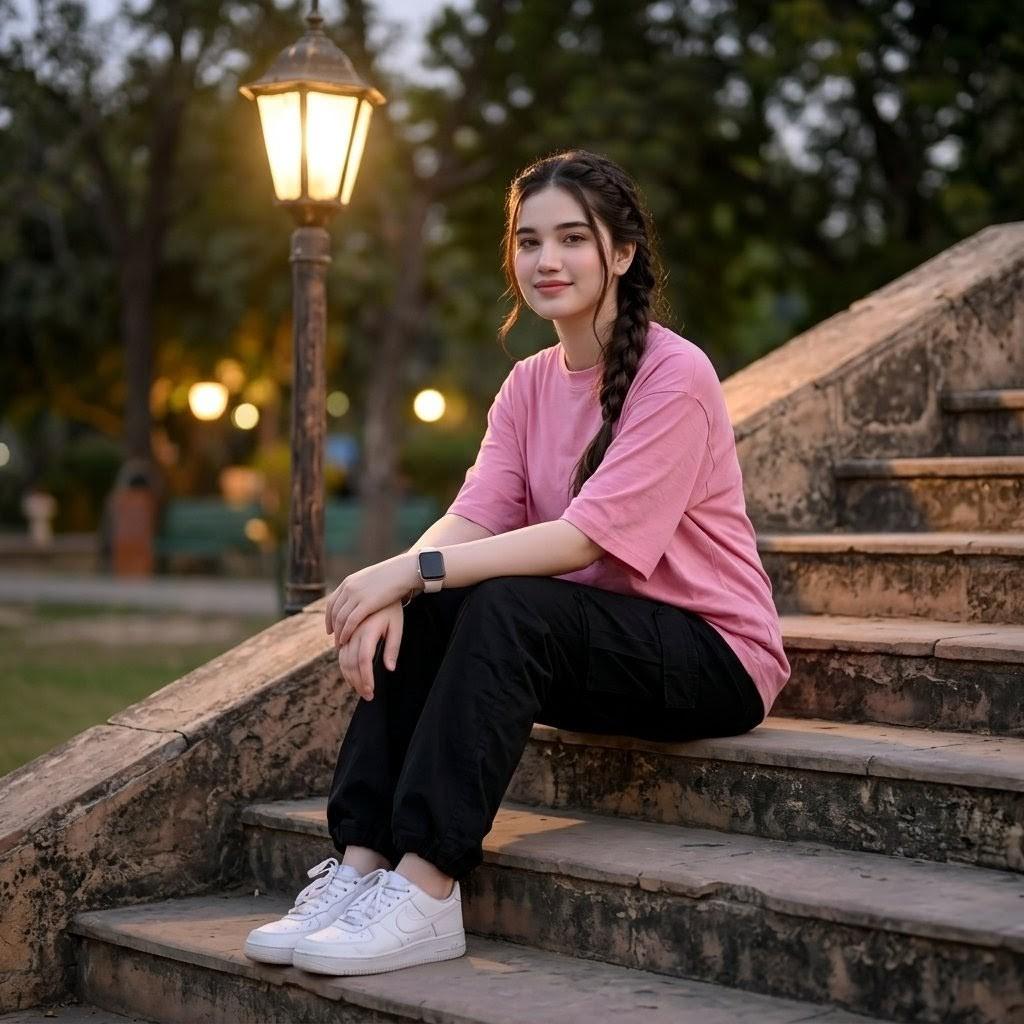 プロンプトのプレビュー: 夕暮れの公園の階段でのポートレート