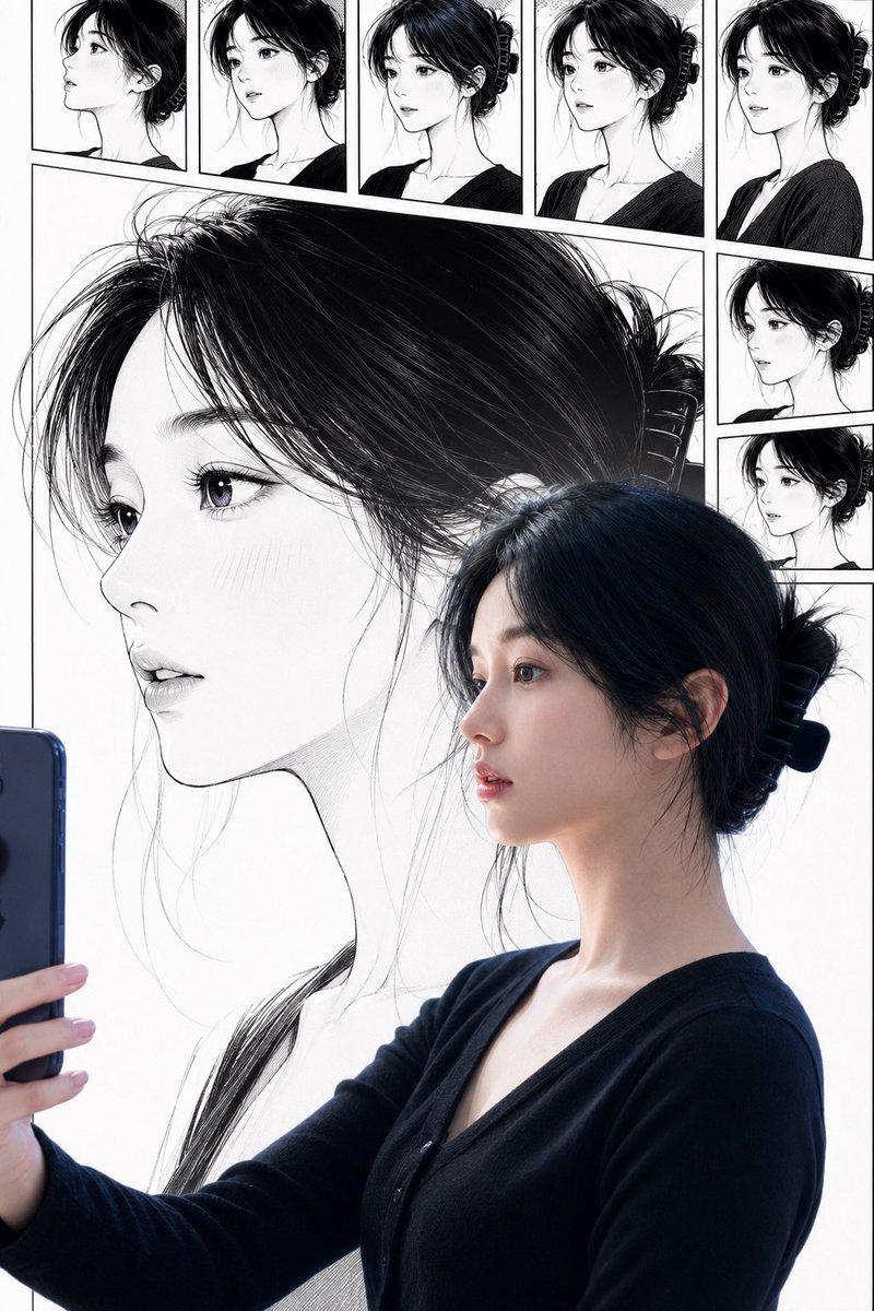 ตัวอย่างพรีวิวพรอมต์: ภาพเซลฟี่หญิงสาวตัวจริงคู่กับตัวละครมังงะ
