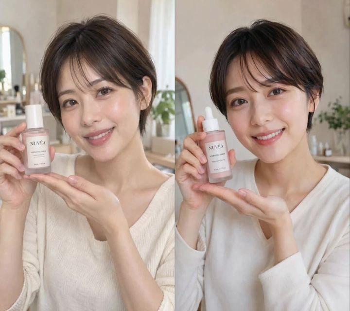 プロンプトのプレビュー: 7秒、縦型9:16、ワンカット。インフルエンサーが普段の投稿で、お気に入りの美容液を紹介する自然なオープニング。 【人物・商品】 参照画像を開始フレームに使用。女性の顔立ち、ブラウンのショートヘア、ア…