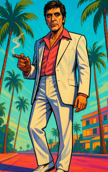 プロンプトのプレビュー: レトロなマイアミ GTA スタイル風キャラクターポスター