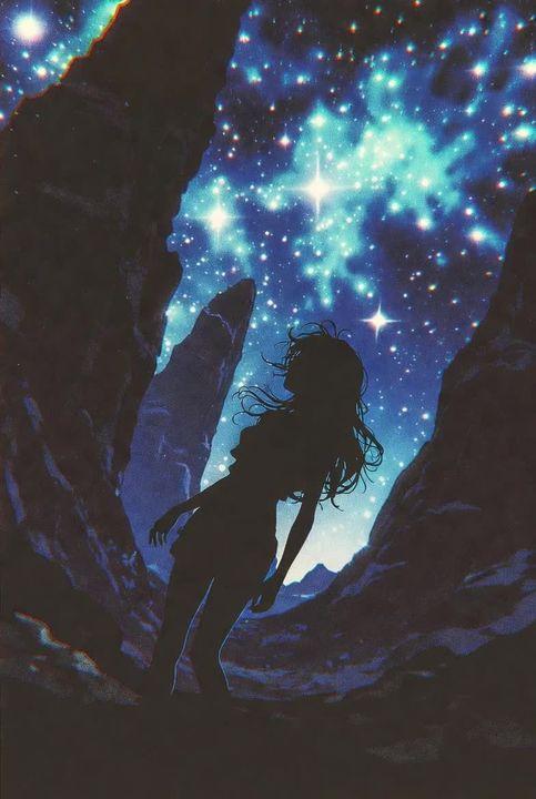 Preview ng prompt: A silhouetted figure in dynamic pose against cliffs and starry space in retro futurism anime style. …