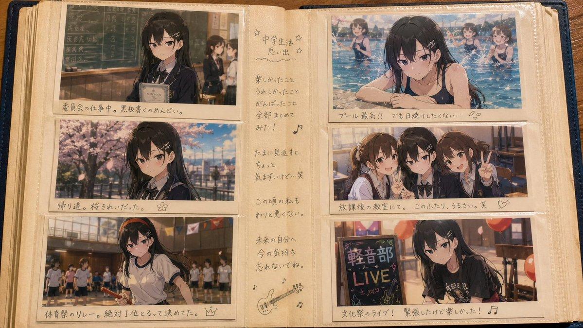 プロンプトのプレビュー: ノスタルジックな学校のスクラップブック