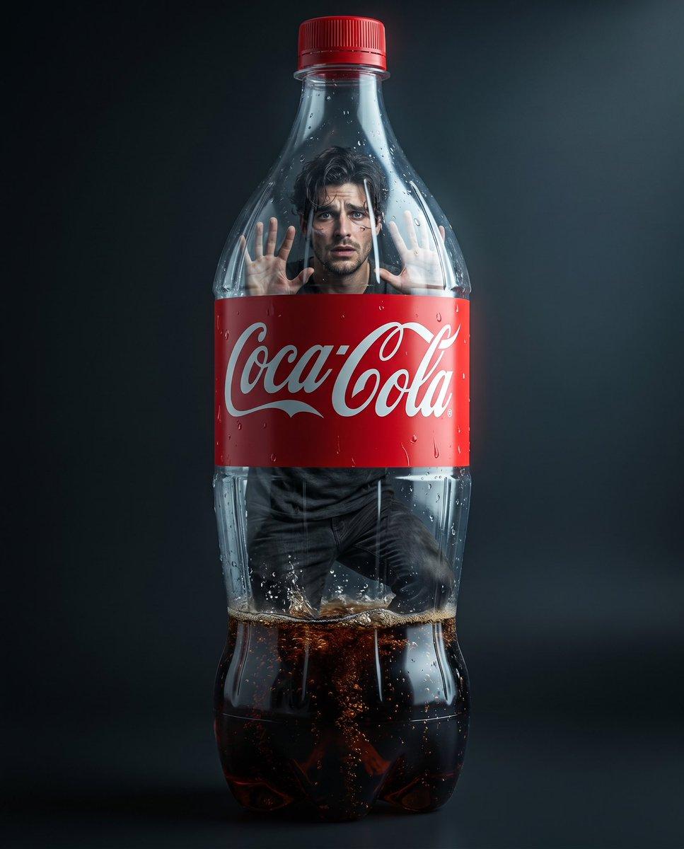 プロンプトのプレビュー: コカ・コーラのボトルに閉じ込められたシュールなポートレート