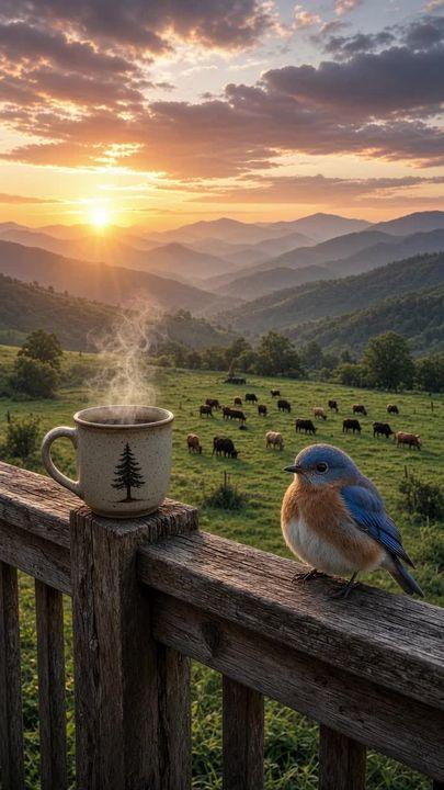 Prompt preview: Wooden railing on a porch steaming coffee cup sets on railing bluebird sets on railing fluffs it fea…