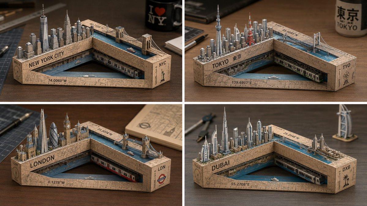 プロンプトのプレビュー: レーザーカットされたペーパーシティの彫刻