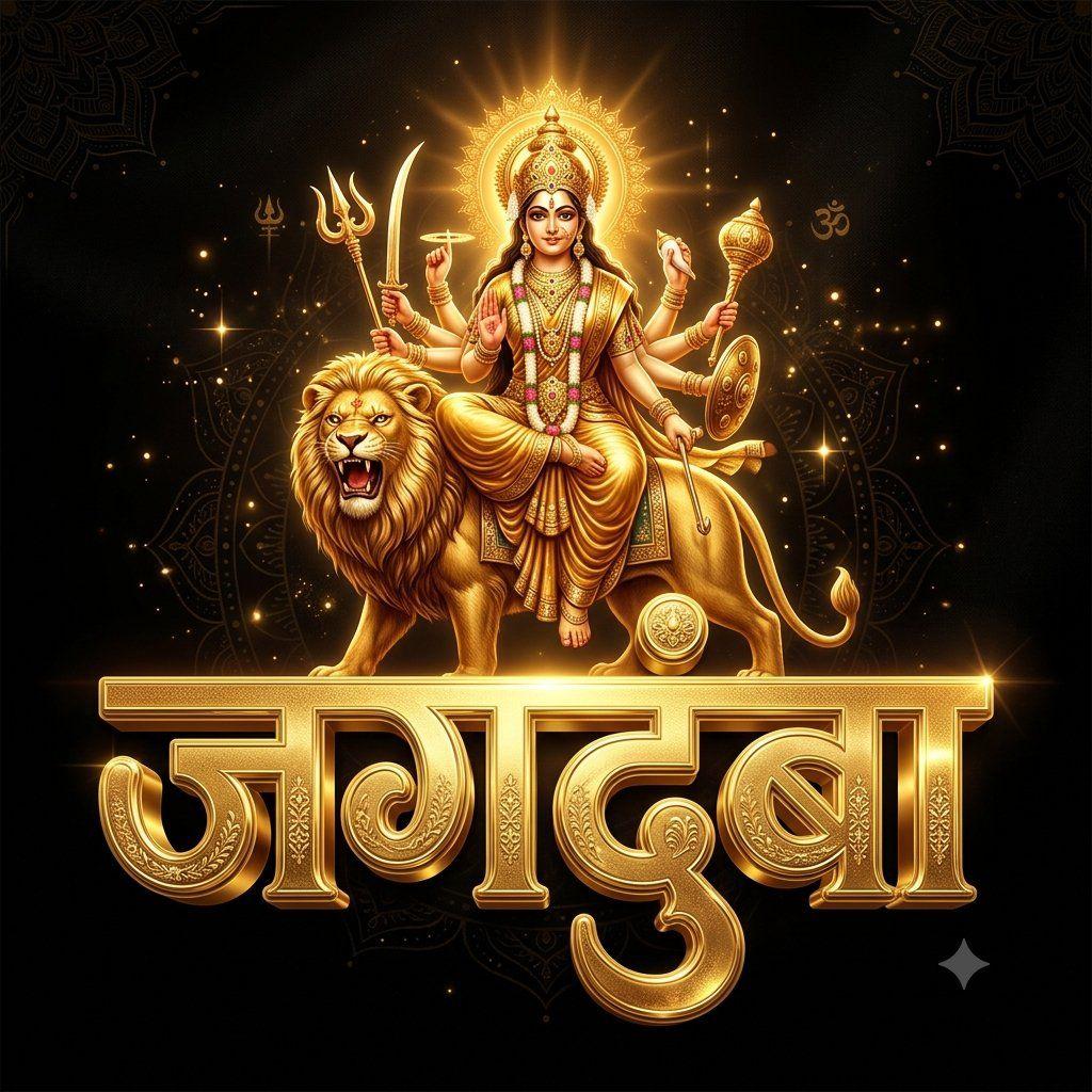 Preview ng prompt: Generate image of 3d golden text "{argument name="text" default="महालक्ष्मी"}" and golden goddess Ma…