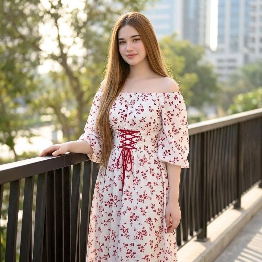 プロンプトのプレビュー: 屋外での花柄ドレスのポートレート