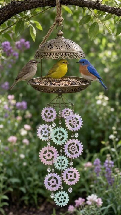 Prompt preview: Song birds at a bird feeder winsome hangs from bird feeder wind chime is a series of opal colored ge…