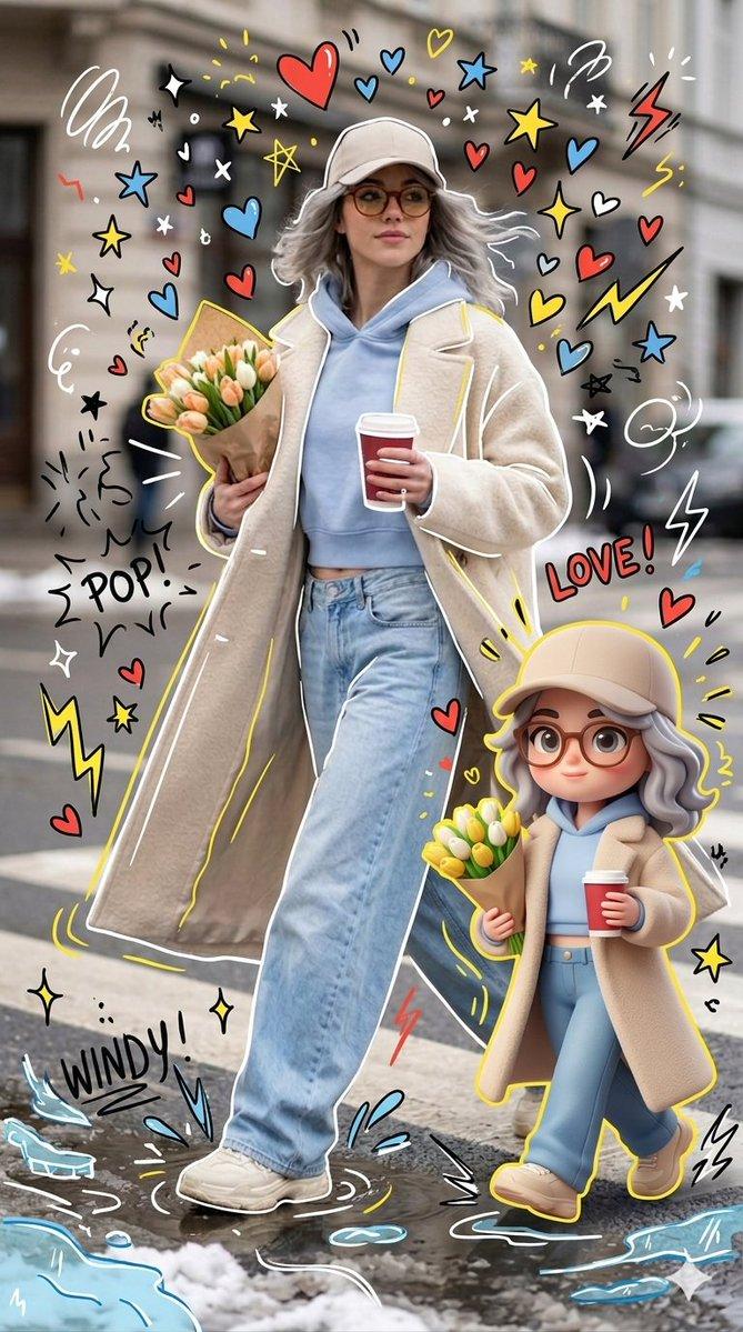 プロンプトのプレビュー: ミクストメディアのちびキャラポートレート