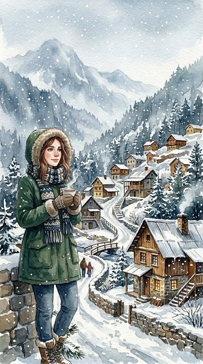 Preview ng prompt: Cozy Winter Hill Station Watercolor