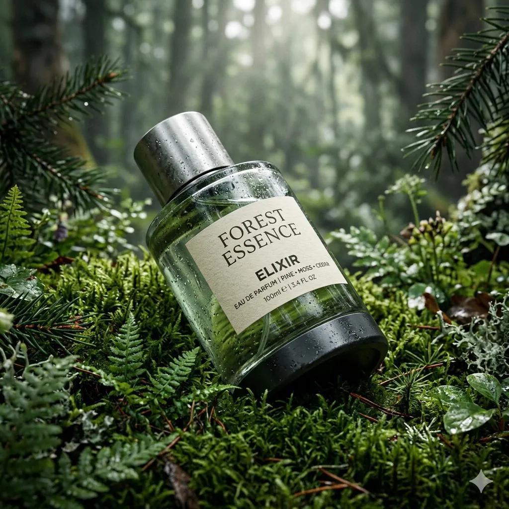 プロンプトのプレビュー: 超リアルな「Forest Essence Elixir」香水の製品ショット