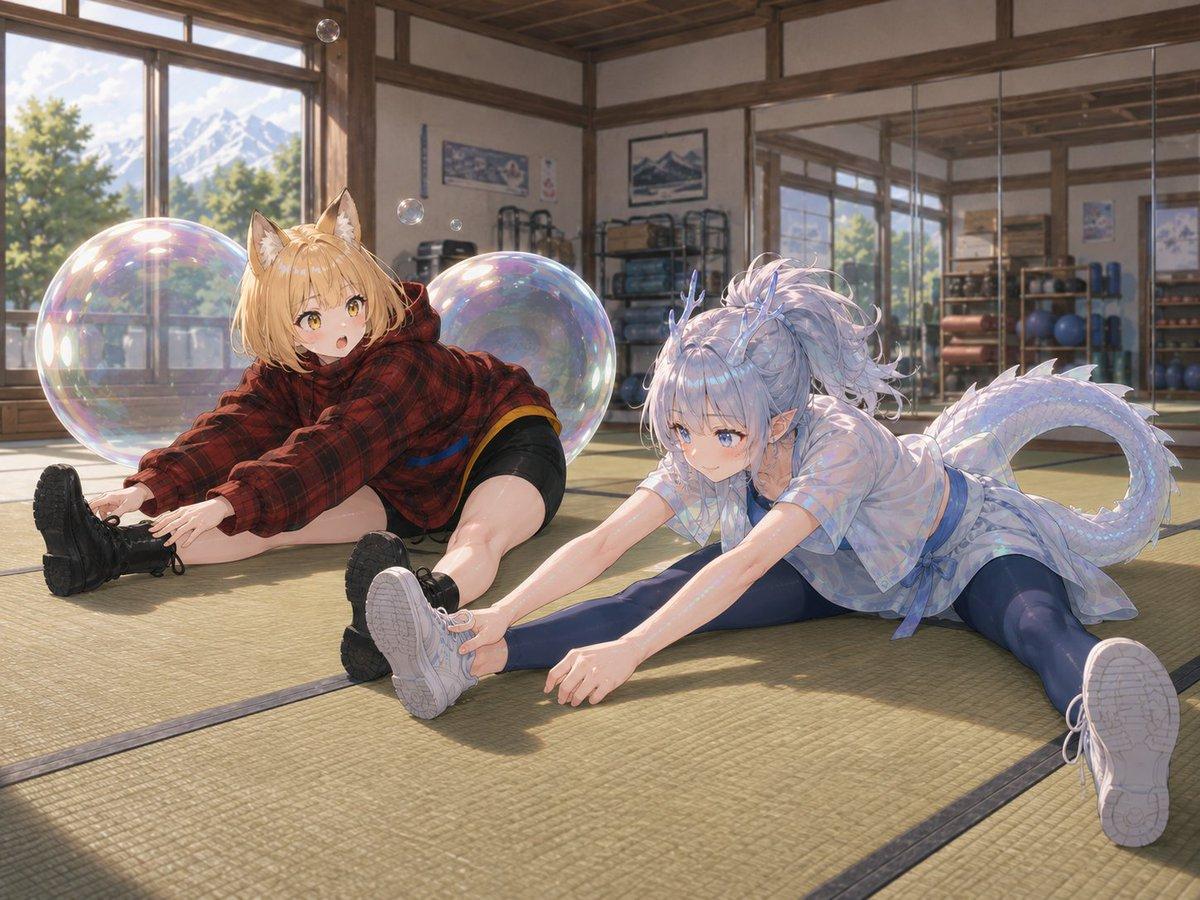 プロンプトのプレビュー: バブルドラゴンとキツネのストレッチ