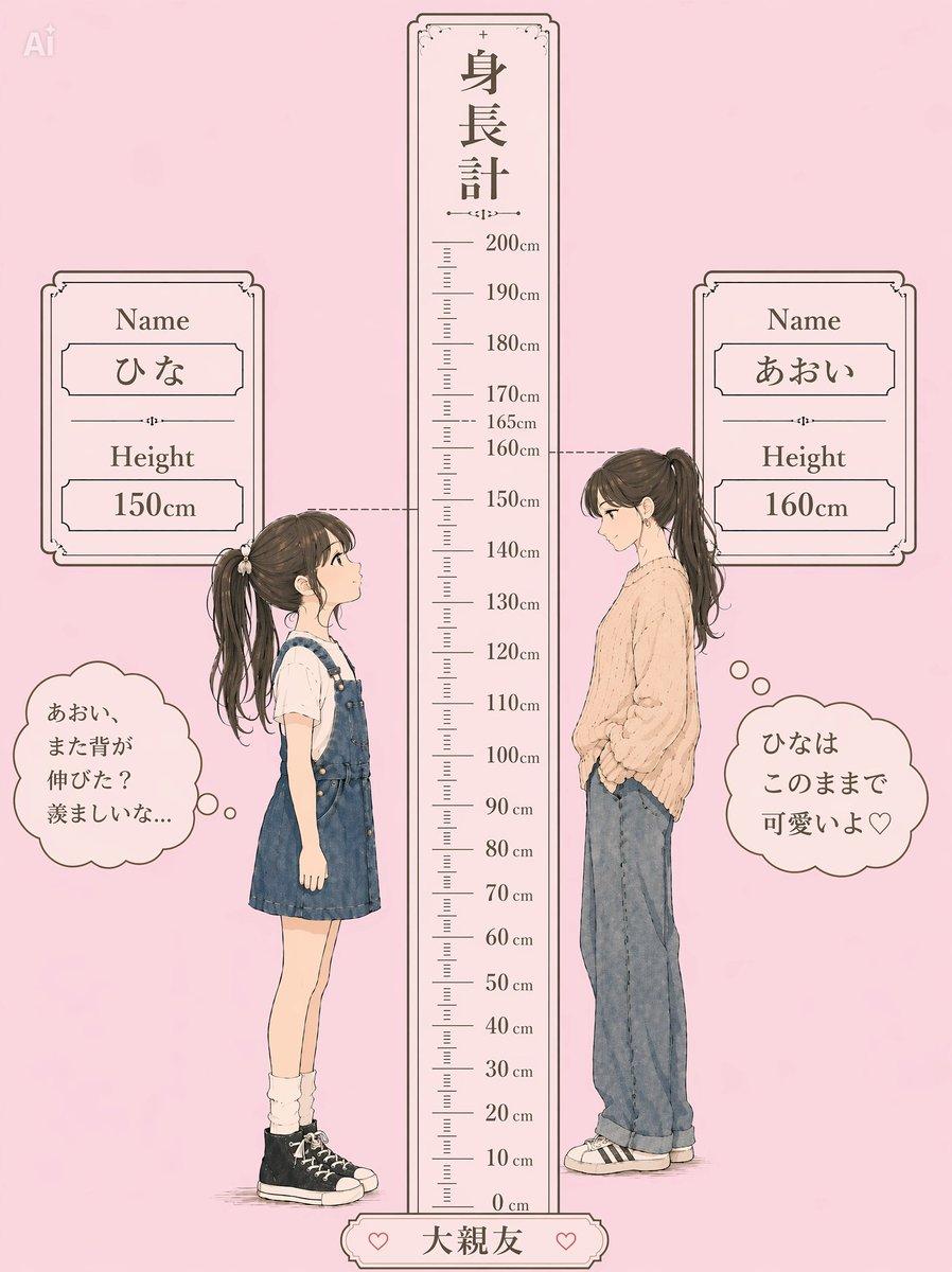 プロンプトのプレビュー: パステルカラーの身長差仲良しペア