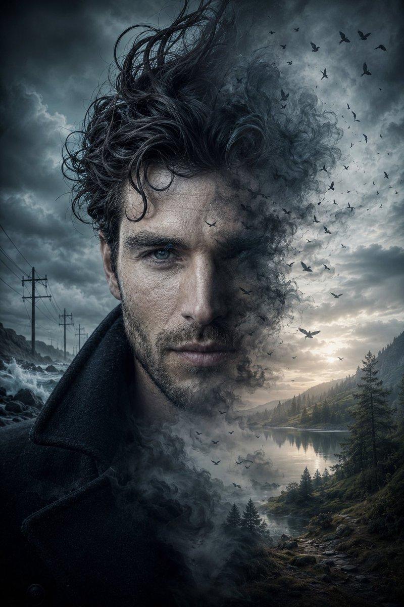 ตัวอย่างพรีวิวพรอมต์: ภาพพอร์ตเทรตแนว Cinematic Double Exposure ท่ามกลางพายุ