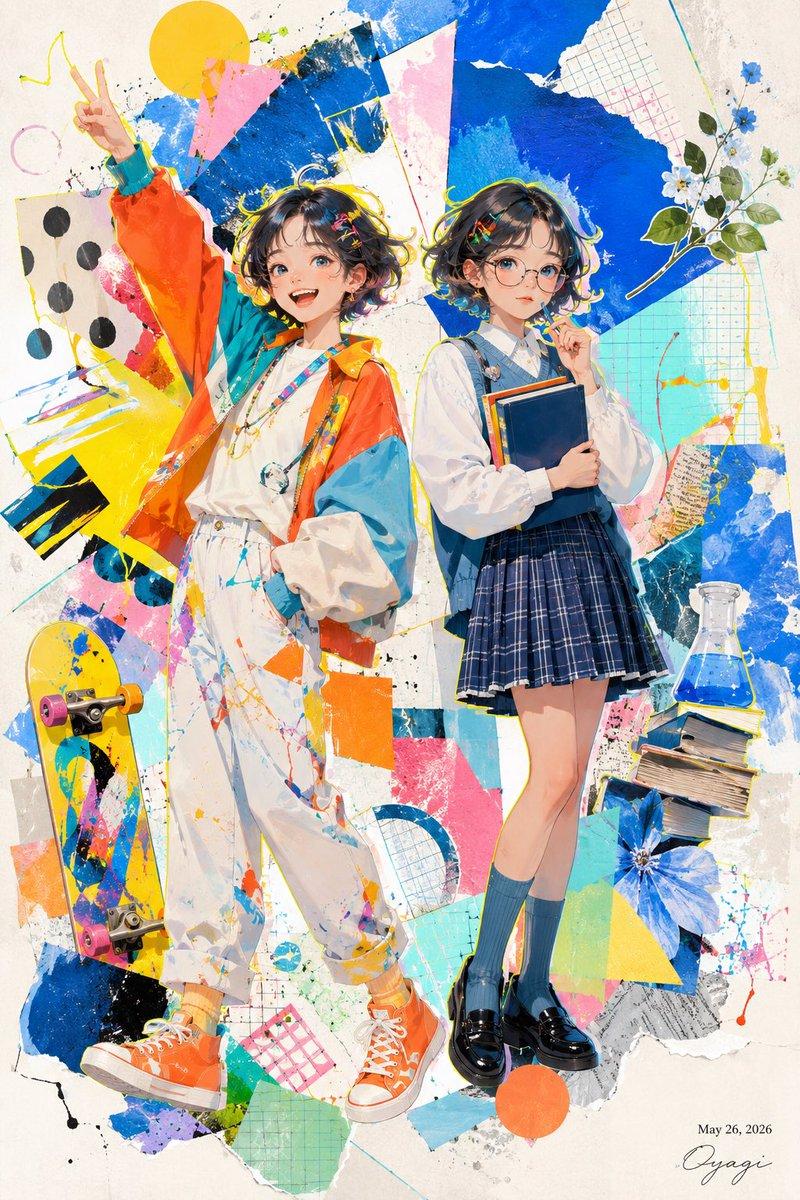 プロンプトのプレビュー: カラフルなアニメ風ツインズポスター