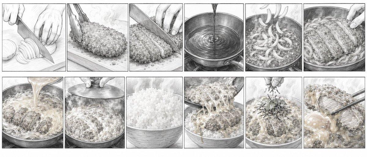 プロンプトのプレビュー: カツ丼の調理工程ストーリーボード