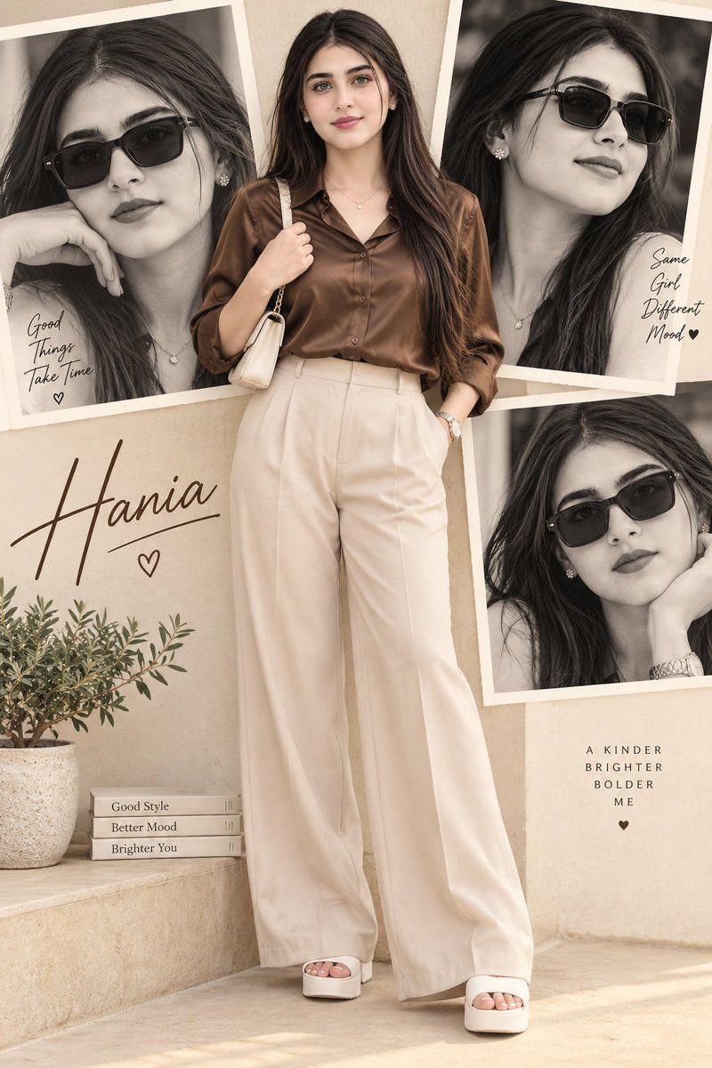 Prompt preview: URE Ultra-realistic collage portrait of a stylish young Indian woman, brown satin shirt, beige wide-…