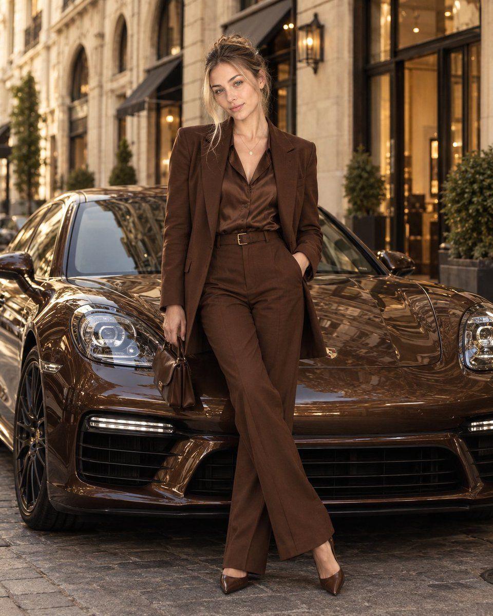 Preview ng prompt: Create a photorealistic luxury fashion editorial of an elegant young woman standing confidently in f…