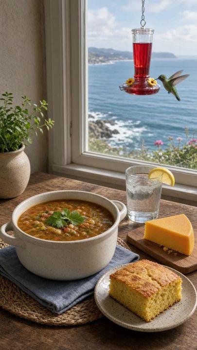 Preview ng prompt: Table set with a pot of soup cornbread wedge of cheddar cheese glass of water with lemon wedge windo…