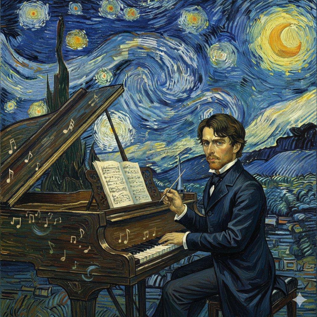 Promptforhåndsvisning: Chopin in Van Gogh's Starry Night Style Prompt