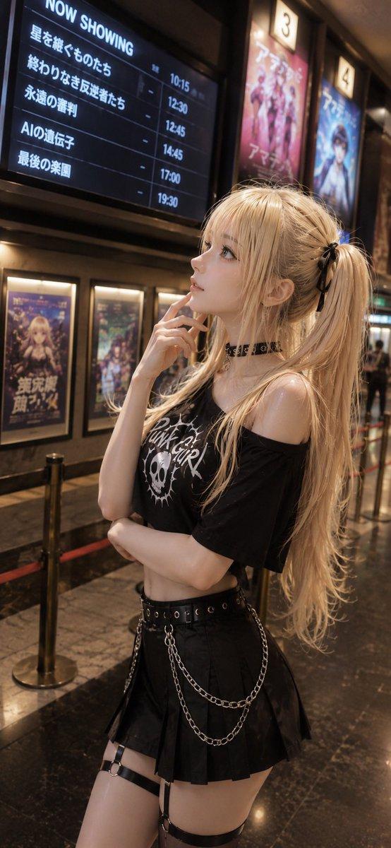 プロンプトのプレビュー: 映画館のロビーに佇むゴシックアニメ風の少女