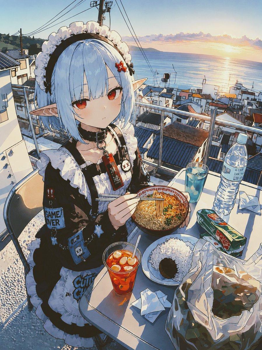 プロンプトのプレビュー: POV:海辺のメイドエルフとの夕食
