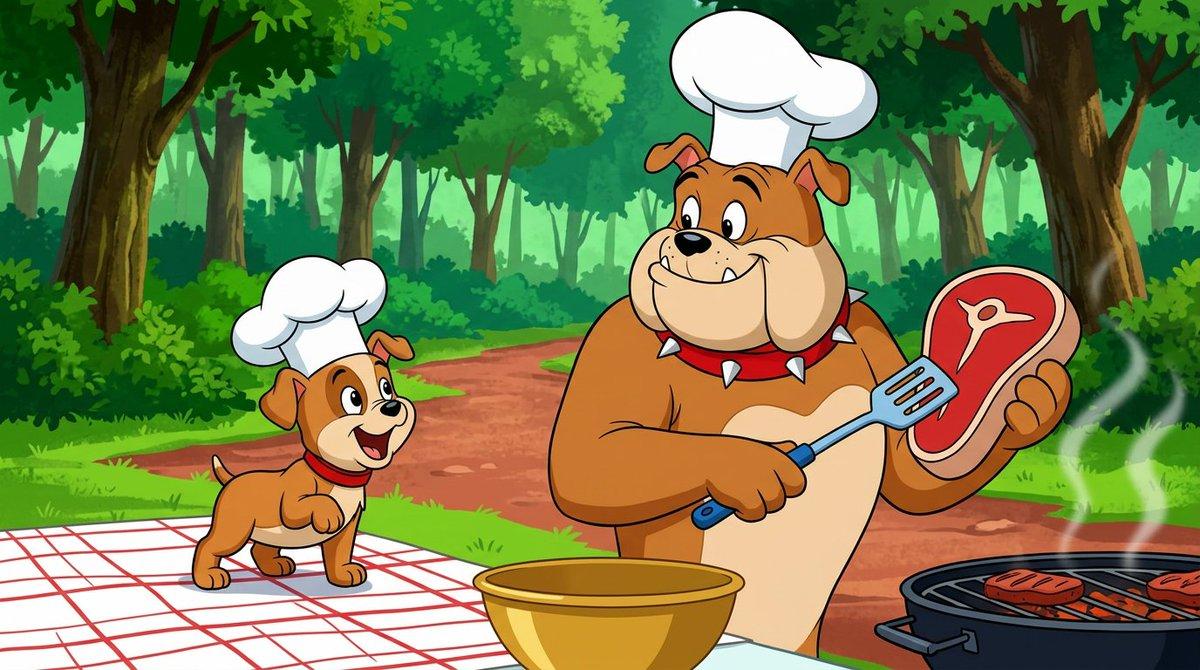 Aperçu du prompt: Scène de barbecue avec un bouledogue anthropomorphe (style dessin animé classique)