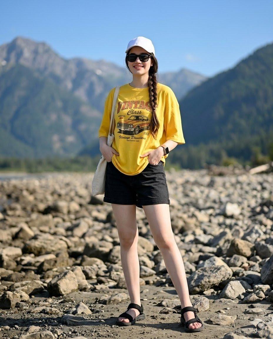プロンプトのプレビュー: 山あいの渓谷でのサマーファッションポートレート