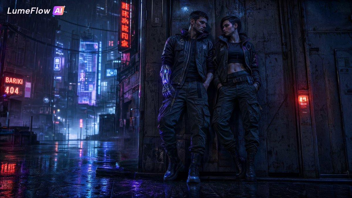 プロンプトのプレビュー: 雨の街に佇むサイバーパンクなカップル