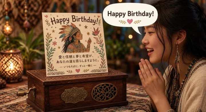 プロンプトのプレビュー: 先住民の彼にお誕生日おめでとうのカード,愛と信頼と夢と希望の願いを込めて作られたカードを、オルゴールの上に乗せた状態で、happy birthdayを口に出して話しながら祝福する動画風のシーン