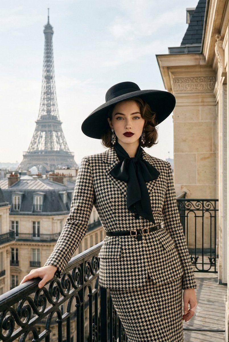 Prompt preview: Luxury vintage Parisian fashion editorial, full-body vertical 2:3 portrait. Elegant young adult woma…